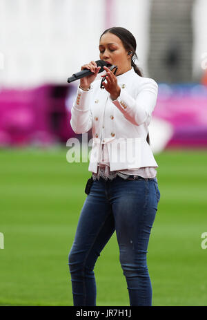 London, UK. 04th Aug, 2017. London, 2017-August-04. Rebecca Ferguson rehearses at the London Stadium ahead of the opening of the IAAF World Championships London 2017. Credit: Paul Davey/Alamy Live News Stock Photo