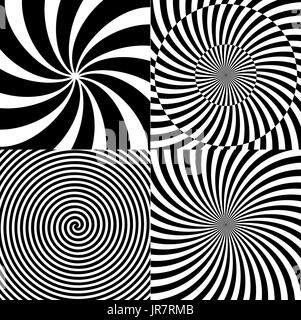 Black and White Hypnotic Psychedelic Spiral with Radial Rays, Twirl Background Collection Set Pattern. Vector Illustration Stock Vector