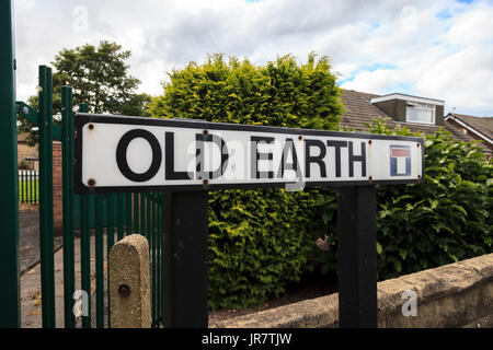 Unusual road sign for Old Earth in Elland, Halifax, West Yorkshire Stock Photo