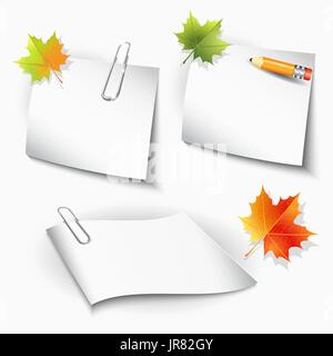 Paper clips and sheets, pencil and autumn leaves. Stock Vector