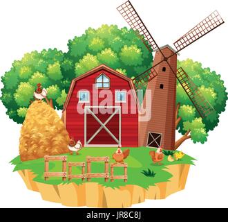 Farm scene with red barn and wooden windmill illustration Stock Vector