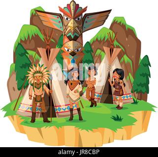 Native american indians at their tents illustration Stock Vector