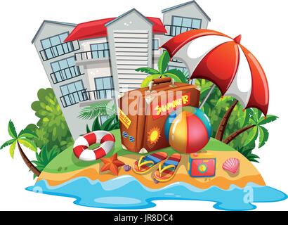 Summer theme with beach and hotel illustration Stock Vector