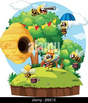Bees flying around beehive on island illustration Stock Vector