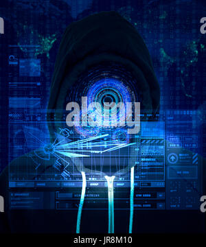 Reality augmentation of a unknown computer criminal using a bright blue HUD display for internet hacking and illegal activity Stock Photo