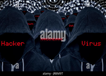 Mass of hooded computer criminals with various internet attacks and criminal activities in red text with a binary code background Stock Photo