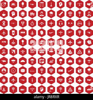 100 aviation icons hexagon red Stock Vector