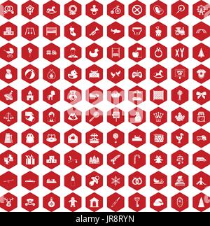 100 baby icons hexagon red Stock Vector