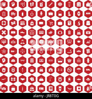 100 bag icons hexagon red Stock Vector