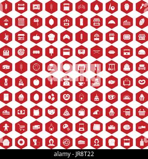100 bakery icons hexagon red Stock Vector