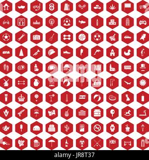 100 ball icons hexagon red Stock Vector