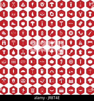 100 barbecue icons hexagon red Stock Vector