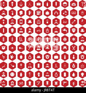 100 barber icons hexagon red Stock Vector