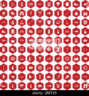 100 BBQ icons hexagon red Stock Vector