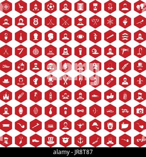 100 beard icons hexagon red Stock Vector
