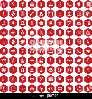 100 beauty and makeup icons hexagon red Stock Vector