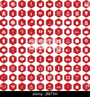 100 beauty product icons hexagon red Stock Vector