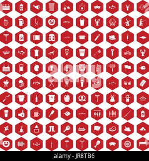 100 beer icons hexagon red Stock Vector