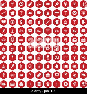 100 beer party icons hexagon red Stock Vector
