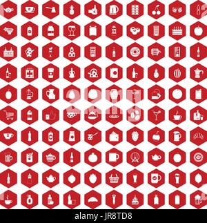100 beverage icons hexagon red Stock Vector