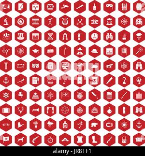 100 binoculars icons hexagon red Stock Vector