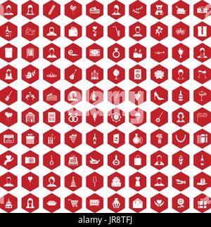 100 birthday icons hexagon red Stock Vector