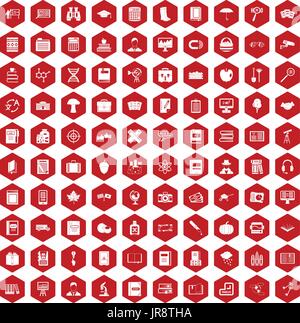 100 book icons hexagon red Stock Vector