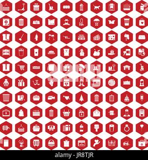 100 box icons hexagon red Stock Vector