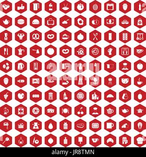100 breakfast icons hexagon red Stock Vector