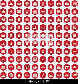 100 building icons hexagon red Stock Vector