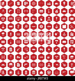 100 building materials icons hexagon red Stock Vector