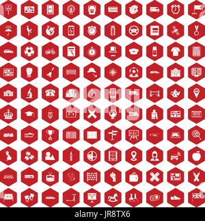 100 bus icons hexagon red Stock Vector