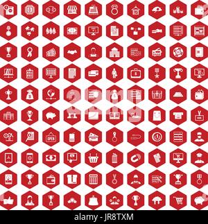 100 business icons hexagon red Stock Vector