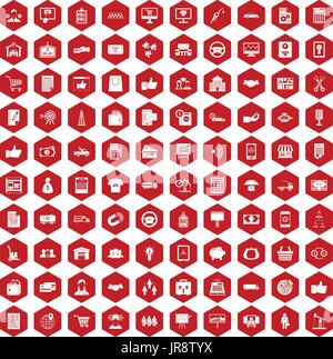 100 business icons hexagon red Stock Vector