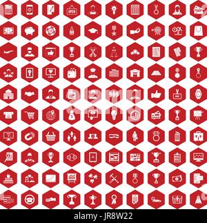 100 business career icons hexagon red Stock Vector