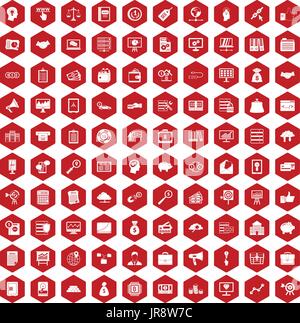 100 business process icons hexagon red Stock Vector