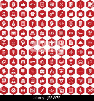 100 business strategy icons hexagon red Stock Vector