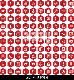 100 business woman icons hexagon red Stock Vector