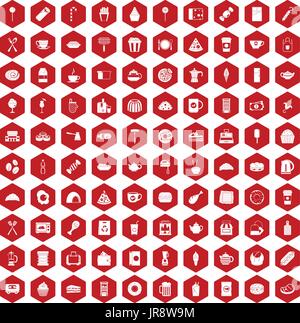 100 cafe icons hexagon red Stock Vector