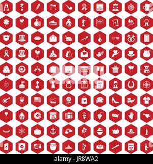 100 calendar icons hexagon red Stock Vector