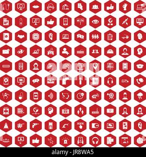 100 call center icons hexagon red Stock Vector