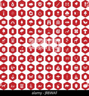 100 camping and nature icons hexagon red Stock Vector