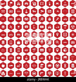 100 car icons hexagon red Stock Vector