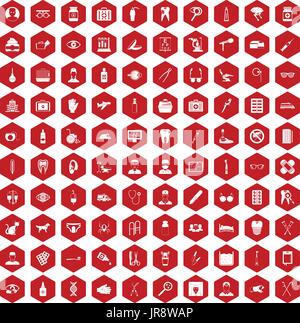 100 care icons hexagon red Stock Vector