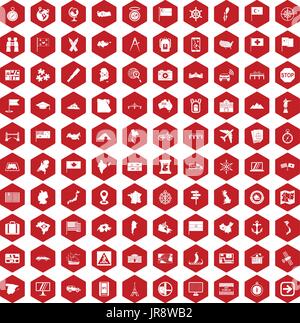 100 cartography icons hexagon red Stock Vector