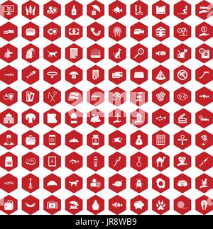 100 cat icons hexagon red Stock Vector