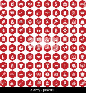 100 charity icons hexagon red Stock Vector