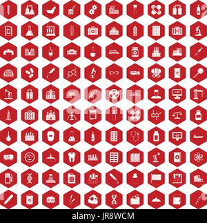 100 chemical industry icons hexagon red Stock Vector