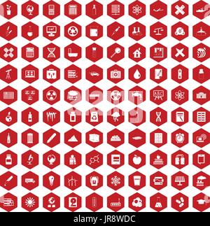 100 chemistry icons hexagon red Stock Vector