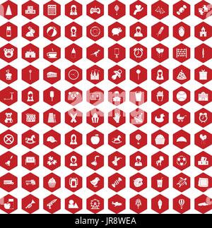 100 child center icons hexagon red Stock Vector